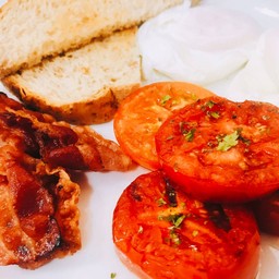 Poached Eggs + Bacon + Grilled Tomatoes & Toast