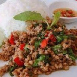 กระเพราหมูสับราดข้าว