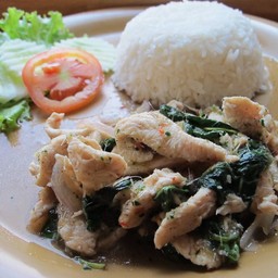 ไก่ผัดสมุนไพรราดข้าว