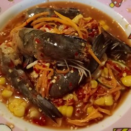 ยำกุ้งสด ใช้กุ้งสดไซร้จัมโบ้ผสมกับน้ำยำสูตรเด็ดทางร้าน ใช้มะนาวสด ไม่ใส่ผงชูรส