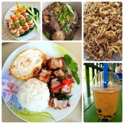 !!ข้าวราดกระเพราหมูกรอบ+เกาเหลา+กากหมูเจียว+ลูกชิ้นหมูปิ้ง3ไม้ึ+เฉาก๊วยชาไทยชน