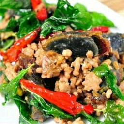 ผัดกระเพราไข่เยี่ยวม้า หมูสับราดข้าว