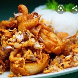 ข้าวราด  กุ้ง,หมึก,หมูกรอบ,เนื้อ,  ทอดกระเทียม