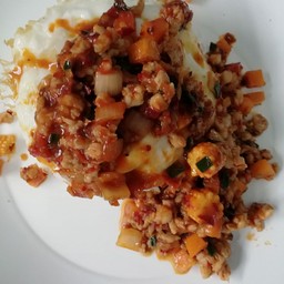 ไข่ระเบิดหมุสับ,กุ้งสับ(ไข่3ฟอง)