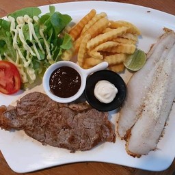 สเต็กเนื้อเชอร์ลอย+ปลาย่าง