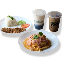 ชุดเมนูคอมโบเซ็ท ข้าวหมูทอดพริกไทยดำ+ข้าวไข่ข้นแฮม