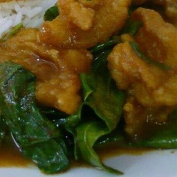 ปลากระพงทอดผัดเครื่องแกงราดข้าว