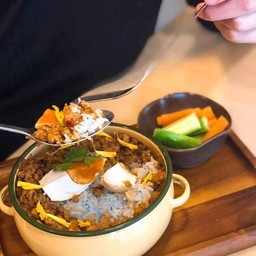 ข้าวหมูสับน้ำพริก + ไข่เค็ม