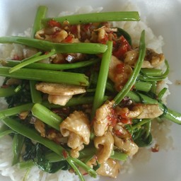 ผัดผักบุ้งราดข้าว