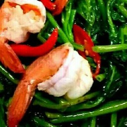 ผัดผักบุ้งกุ้งราดข้าว