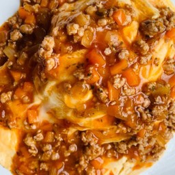 Creamy Omelette With Minced Pork And Tomato Sauce On Rice