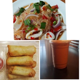 ยำวุ้นเส้นกุ้งหมึก+ปอเปี๊ยะทอด+ชาไทยเย็น