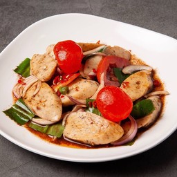 ยำหมูยอไข่แดงปลาร้าแซ่บ Thai Pork Sausage, Egg Yolk & Fermented Fish Spicy Salad