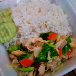 ผัดผักรวมมิตรหมูราดข้าว