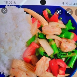 ผัดผักรวมมิตรราดข้าวไม่ใ่ส่เนื้อสัตว์