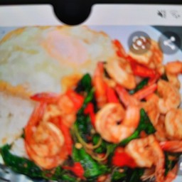 กระเพรากุ้งราดข้าว