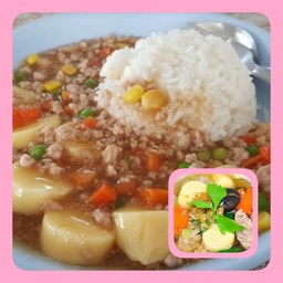 ผัดเต้าหู้ไข่ทรงเครื่องราดข้าว+ต้มจืดสาหร่ายหมูเด้ง (ชุดเล็ก)