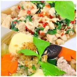 กระเพราไก่ (กับข้าว) +ต้มจืดวุ้นเส้นเต้าหู้หมูสับ + ไส้กรอก5 ชิ้น+ข้าวเปล่า 2ถุง