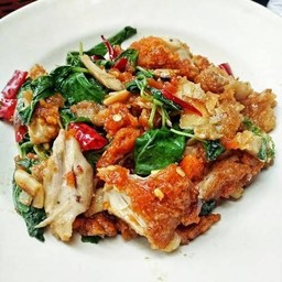 ผัดกะเพราไก่ทอด (กับข้าว)