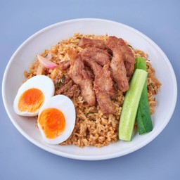 ข้าวผัดแจ่วบองแม่นิด+ไข่ต้มยางมะตูม+หมูแดดเดียว