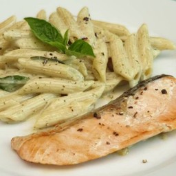 Creamy Pesto Salmon Rigatoni