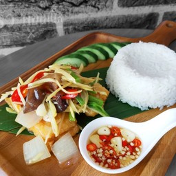 ข้าวราดปลาผัดขิงสด