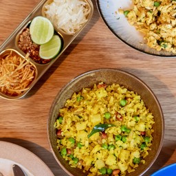 Poha, Crispy Potato Sali, Pomelo