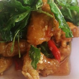 ข้าวราดเอ็นไก่กระเพากรอบ