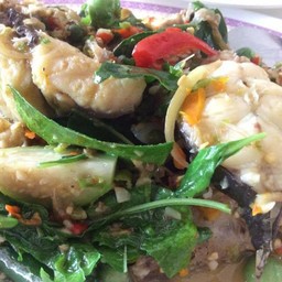 ปลาดุกทะเลผัดฉ่าใบยี่หร่า