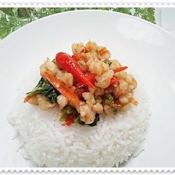 กุ้งผัดพริกขื้หนูราดข้าว