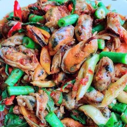 ผัดกะเพราหอยแมลงภู่ราดข้าว