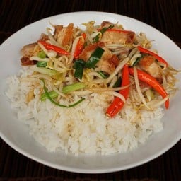 ผัดถั่วงอกหมูกรอบราดข้าว
