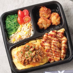 Donburi Set 2 - ข้าวไข่ข้นหมูผัดซอส + แซลมอนคัตสึราดซอส + สลัด + ซุปมิโซะ + ไก่ค