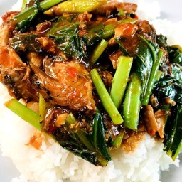 คะน้าปลากระป๋อง ราดข้าว