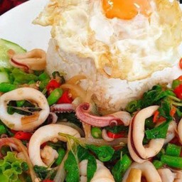 กระเพราหมึกราดข้าวไข่ดาว