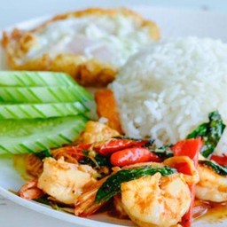 กระเพรากุ้งราดข้าวไข่ดาว