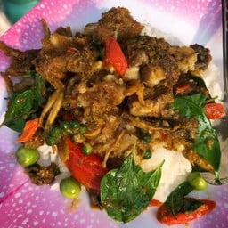 ข้าวผัดพริกแกงเขียวหวานปลาดุกทอด
