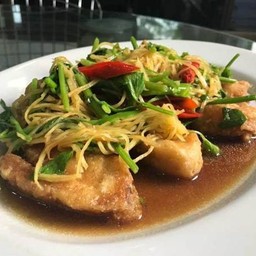 ปลากระพงผัดขึ้นฉ่าย ราดข้าว