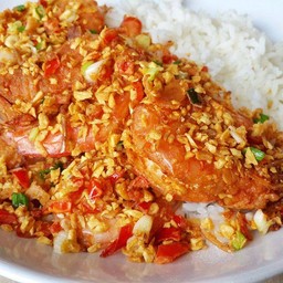 กุ้งคั่วพริกเกลือ ราดข้าว
