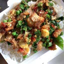 กระเพราหมูกรอบราดข้าว