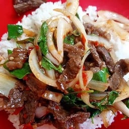 ผัดหอมใหญ่ โหระพา ราดข้าว