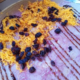 แป้งวนิลา+แยมบลูเบอรี่+ฝอยทอง+ลูกเกด