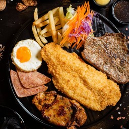 หมูพริกไทยดำ + ไก่สดไปซี่ + ฟิชแอนด์ชิพ