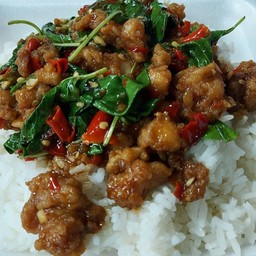 กระเพราเอ็นไก่ทอดราดข้าว