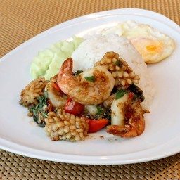 ผัดกะเพราทะเลราดข้าว+ไข่ดาว