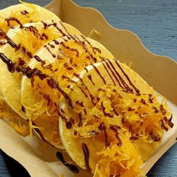 แพนเค้ก + ฝอยทอง + ช็อคโกแลต ชิ้นใหญ่อร่อยเต็มคำ