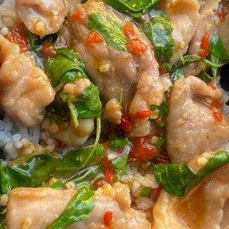 ข้าวราดผัดกะเพราหมูชิ้น