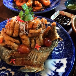 ปลากะพงทอดซอสดอกบ๊วยแดง