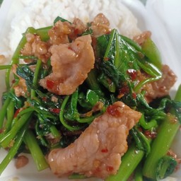 ผัดผักบุ้งหมูหมักราดข้าว