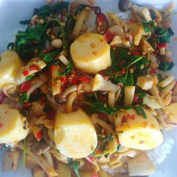 กะเพราเห็ดรวมเต้าหู้ไข่